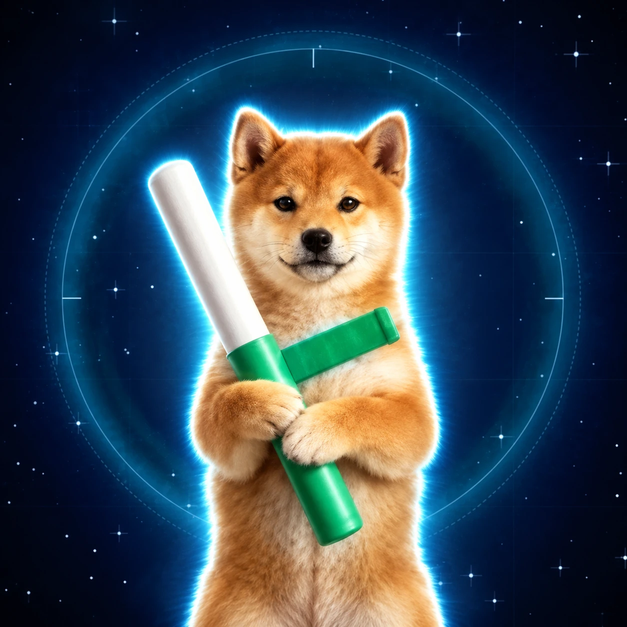 BATONUS holding a green baton in a star field